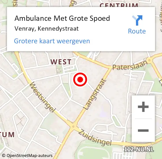 Locatie op kaart van de 112 melding: Ambulance Met Grote Spoed Naar Venray, Kennedystraat op 23 februari 2016 23:30