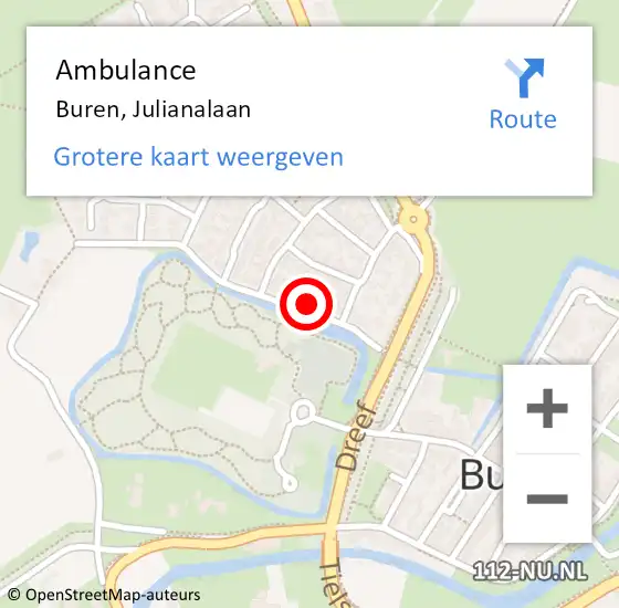 Locatie op kaart van de 112 melding: Ambulance Buren, Julianalaan op 24 februari 2016 16:34