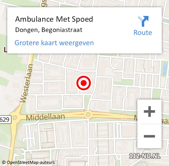 Locatie op kaart van de 112 melding: Ambulance Met Spoed Naar Dongen, Begoniastraat op 24 februari 2016 17:03