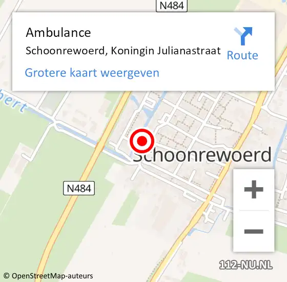 Locatie op kaart van de 112 melding: Ambulance Schoonrewoerd, Koningin Julianastraat op 25 februari 2016 13:18