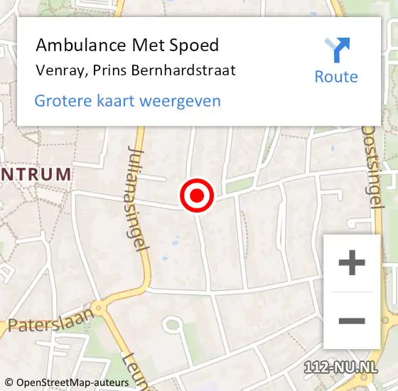 Locatie op kaart van de 112 melding: Ambulance Met Spoed Naar Venray, Prins Bernhardstraat op 25 februari 2016 14:19