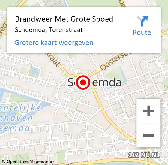Locatie op kaart van de 112 melding: Brandweer Met Grote Spoed Naar Scheemda, Torenstraat op 25 februari 2016 19:54