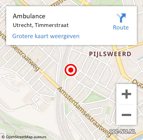 Locatie op kaart van de 112 melding: Ambulance Utrecht, Timmerstraat op 25 februari 2016 19:57