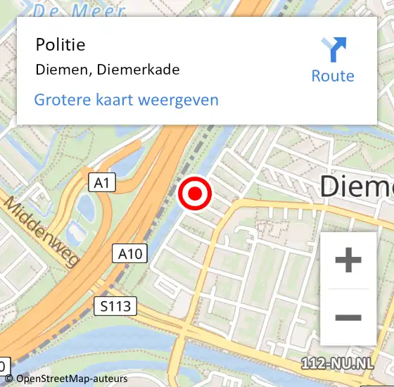 Locatie op kaart van de 112 melding: Politie Diemen, Diemerkade op 26 februari 2016 05:58