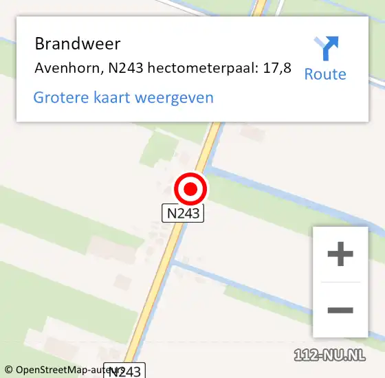 Locatie op kaart van de 112 melding: Brandweer Avenhorn, N243 hectometerpaal: 17,8 op 15 september 2013 08:59