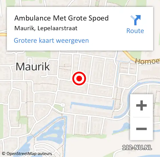 Locatie op kaart van de 112 melding: Ambulance Met Grote Spoed Naar Maurik, Lepelaarstraat op 29 februari 2016 21:50