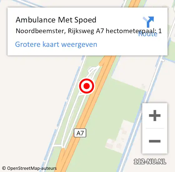 Locatie op kaart van de 112 melding: Ambulance Met Spoed Naar Noordbeemster, Rijksweg A7 hectometerpaal: 1 op 2 maart 2016 16:01