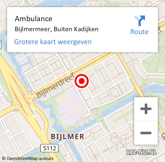 Locatie op kaart van de 112 melding: Ambulance Bijlmermeer, Buiten Kadijken op 2 maart 2016 19:11
