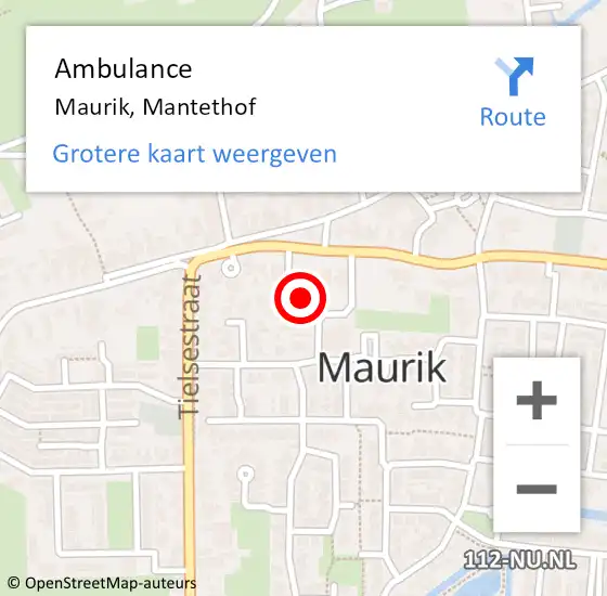 Locatie op kaart van de 112 melding: Ambulance Maurik, Mantethof op 3 maart 2016 13:34