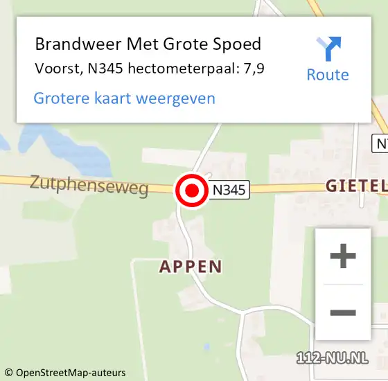 Locatie op kaart van de 112 melding: Brandweer Met Grote Spoed Naar Voorst, N345 hectometerpaal: 7,9 op 6 maart 2016 12:07