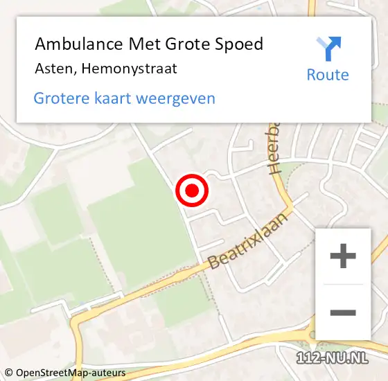 Locatie op kaart van de 112 melding: Ambulance Met Grote Spoed Naar Asten, Hemonystraat op 6 maart 2016 18:59