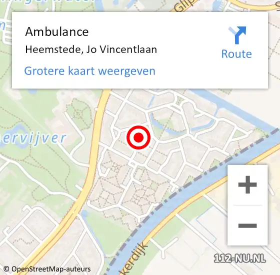 Locatie op kaart van de 112 melding: Ambulance Heemstede, Jo Vincentlaan op 7 maart 2016 19:36