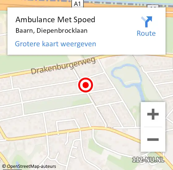 Locatie op kaart van de 112 melding: Ambulance Met Spoed Naar Baarn, Diepenbrocklaan op 7 maart 2016 19:40