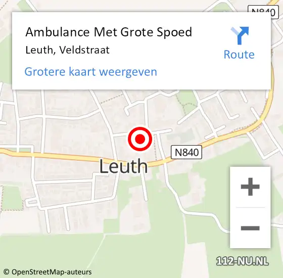 Locatie op kaart van de 112 melding: Ambulance Met Grote Spoed Naar Leuth, Veldstraat op 9 maart 2016 10:27