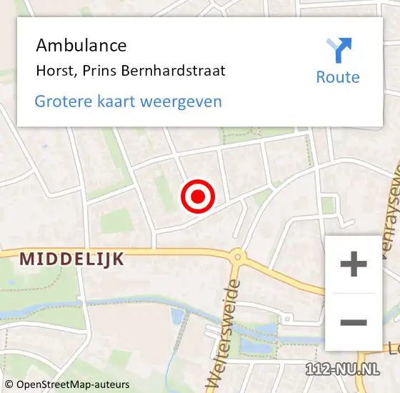 Locatie op kaart van de 112 melding: Ambulance Horst, Prins Bernhardstraat op 10 maart 2016 14:16