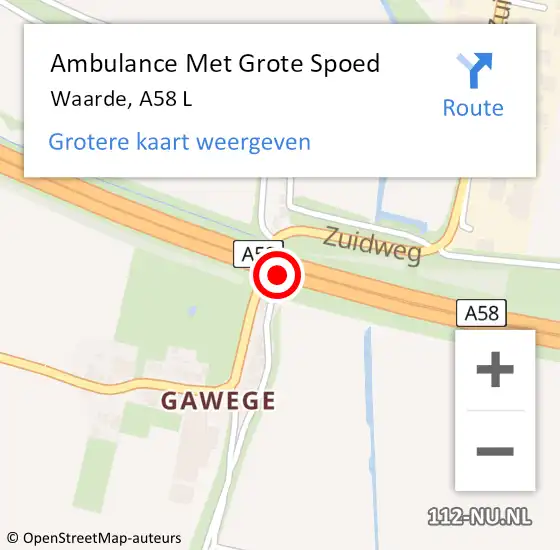 Locatie op kaart van de 112 melding: Ambulance Met Grote Spoed Naar Waarde, A58 L op 10 maart 2016 15:37