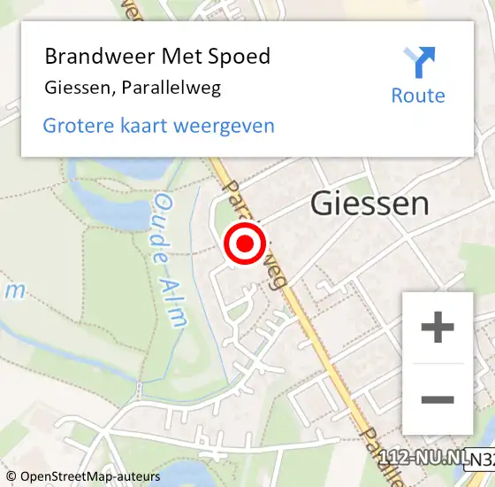 Locatie op kaart van de 112 melding: Brandweer Met Spoed Naar Giessen, Parallelweg op 12 maart 2016 01:21