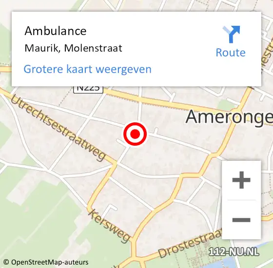 Locatie op kaart van de 112 melding: Ambulance Maurik, Molenstraat op 12 maart 2016 18:05