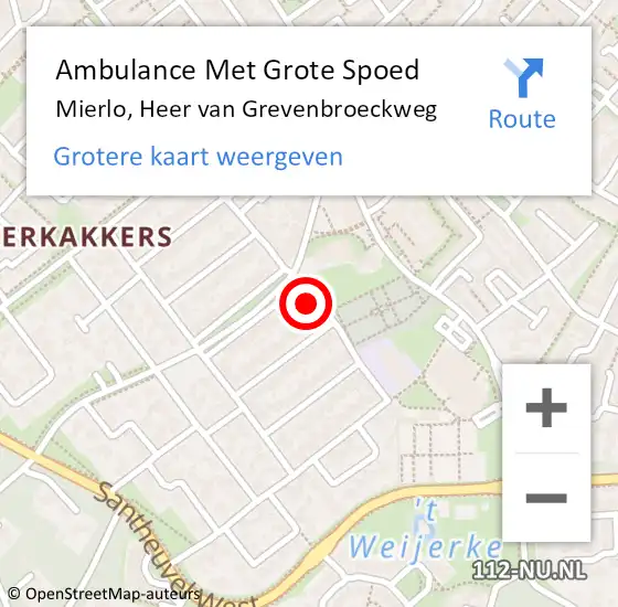 Locatie op kaart van de 112 melding: Ambulance Met Grote Spoed Naar Mierlo, Heer van Grevenbroeckweg op 14 maart 2016 11:33