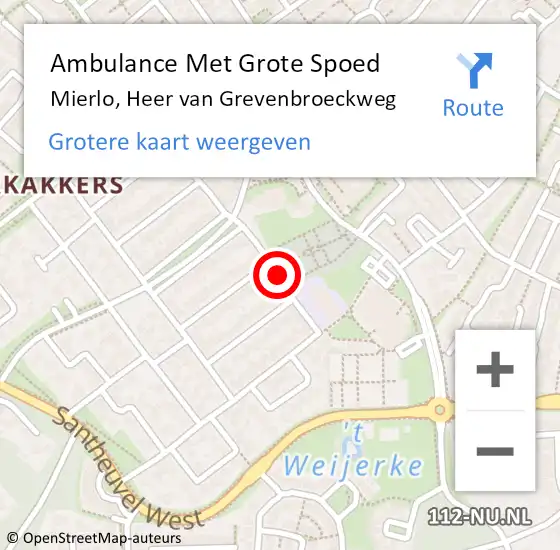 Locatie op kaart van de 112 melding: Ambulance Met Grote Spoed Naar Mierlo, Heer van Grevenbroeckweg op 14 maart 2016 11:34