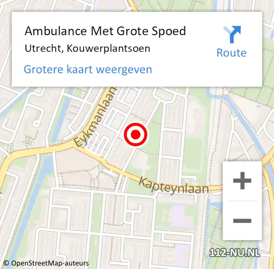 Locatie op kaart van de 112 melding: Ambulance Met Grote Spoed Naar Utrecht, Kouwerplantsoen op 14 maart 2016 17:43