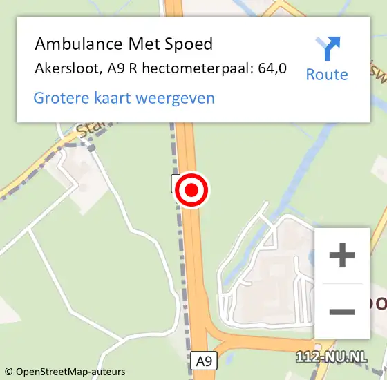 Locatie op kaart van de 112 melding: Ambulance Met Spoed Naar Akersloot, A9 R hectometerpaal: 64,0 op 18 maart 2016 09:30