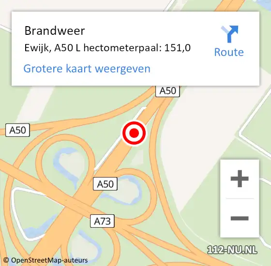 Locatie op kaart van de 112 melding: Brandweer Ewijk, A50 L hectometerpaal: 151,0 op 19 maart 2016 15:32