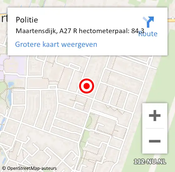 Locatie op kaart van de 112 melding: Politie Maartensdijk, A27 R hectometerpaal: 84,3 op 20 maart 2016 11:31