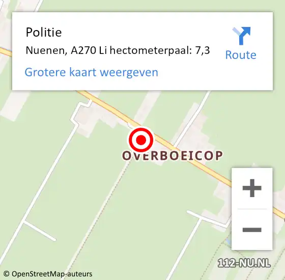 Locatie op kaart van de 112 melding: Politie Nuenen, A270 Li hectometerpaal: 7,7 op 20 maart 2016 15:19