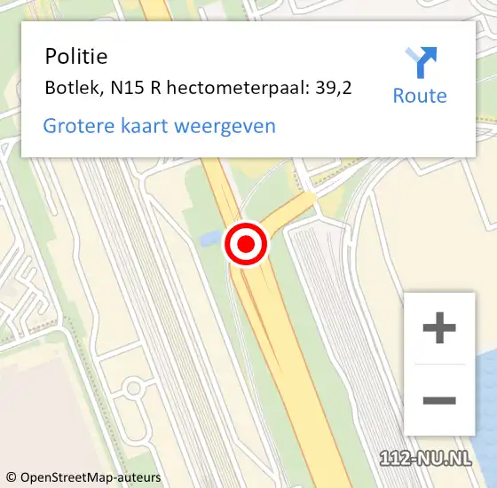 Locatie op kaart van de 112 melding: Politie Botlek, N15 R hectometerpaal: 39,2 op 23 maart 2016 14:43