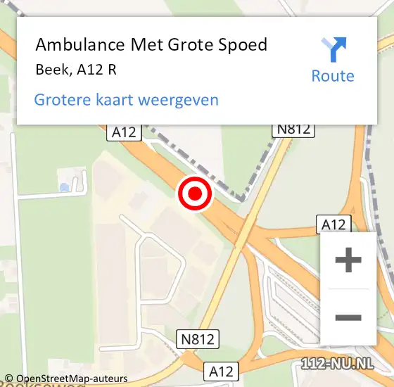 Locatie op kaart van de 112 melding: Ambulance Met Grote Spoed Naar Beek, A12 R op 23 maart 2016 19:52