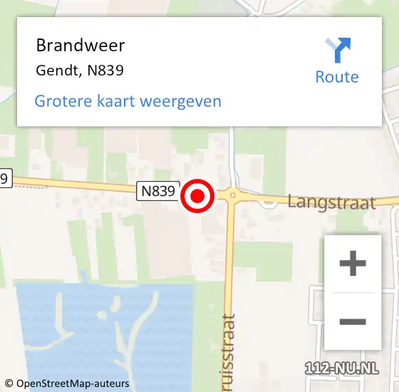 Locatie op kaart van de 112 melding: Brandweer Gendt, N839 op 27 maart 2016 12:27