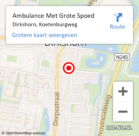 Locatie op kaart van de 112 melding: Ambulance Met Grote Spoed Naar Dirkshorn, Koetenburgweg op 27 maart 2016 18:47