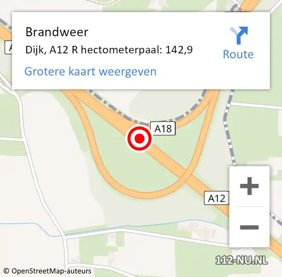 Locatie op kaart van de 112 melding: Brandweer Dijk, A12 L hectometerpaal: 147,4 op 28 maart 2016 10:51