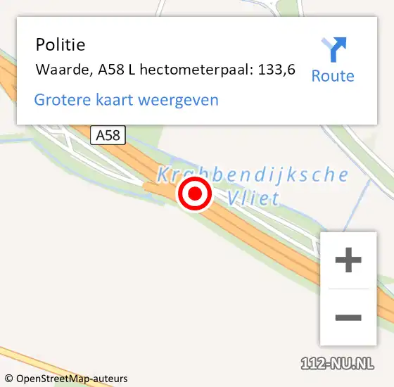 Locatie op kaart van de 112 melding: Politie Waarde, A58 L hectometerpaal: 133,6 op 29 maart 2016 10:38