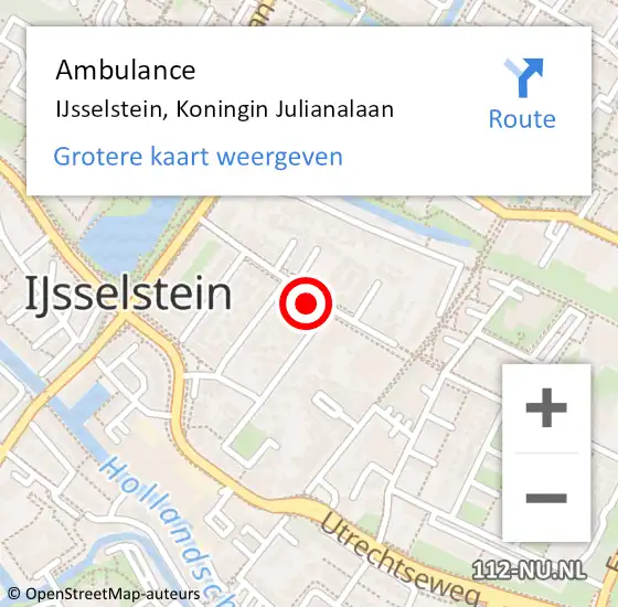 Locatie op kaart van de 112 melding: Ambulance IJsselstein, Koningin Julianalaan op 30 maart 2016 17:44