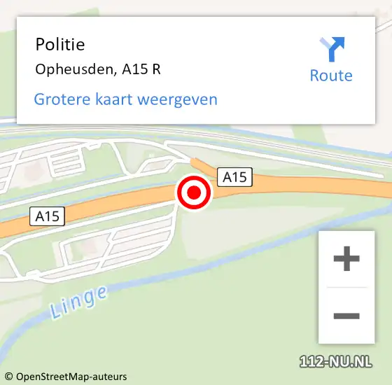 Locatie op kaart van de 112 melding: Politie Opheusden, A15 R op 1 april 2016 14:37