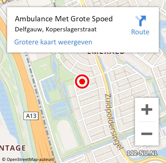 Locatie op kaart van de 112 melding: Ambulance Met Grote Spoed Naar Delfgauw, Koperslagerstraat op 4 april 2016 22:50