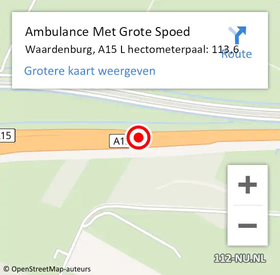 Locatie op kaart van de 112 melding: Ambulance Met Grote Spoed Naar Waardenburg, A15 L hectometerpaal: 113,6 op 5 april 2016 07:07