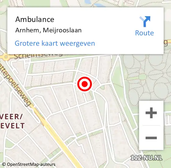 Locatie op kaart van de 112 melding: Ambulance Arnhem, Meijrooslaan op 7 april 2016 13:18