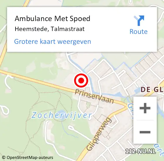 Locatie op kaart van de 112 melding: Ambulance Met Spoed Naar Heemstede, Talmastraat op 7 april 2016 18:46