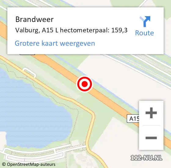 Locatie op kaart van de 112 melding: Brandweer Valburg, A15 L hectometerpaal: 159,3 op 8 april 2016 13:28