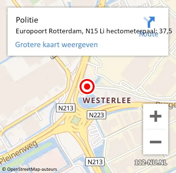 Locatie op kaart van de 112 melding: Politie Botlek, N15 Li hectometerpaal: 38,2 op 8 april 2016 14:47