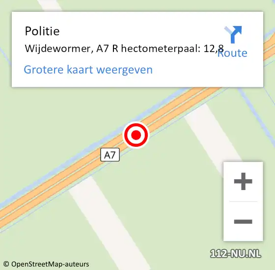 Locatie op kaart van de 112 melding: Politie Wijdewormer, A7 R hectometerpaal: 11,2 op 8 april 2016 16:29