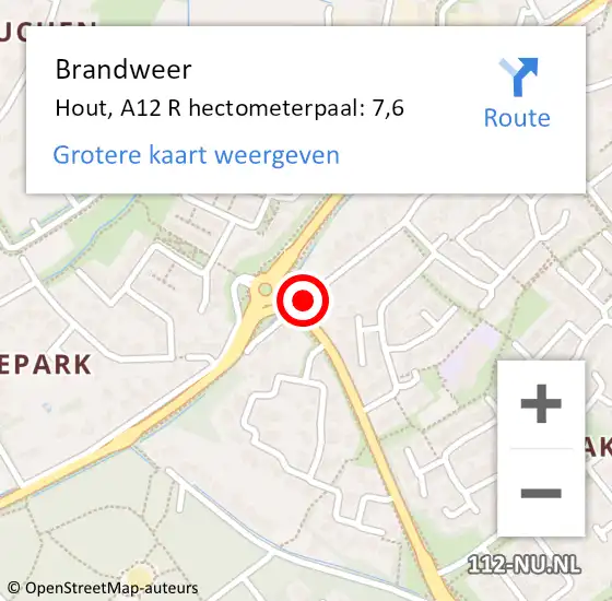 Locatie op kaart van de 112 melding: Brandweer Hout, A12 R hectometerpaal: 7,6 op 9 april 2016 07:15