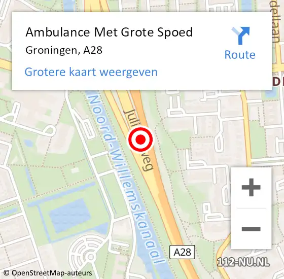 Locatie op kaart van de 112 melding: Ambulance Met Grote Spoed Naar Groningen, A28 op 9 april 2016 22:21