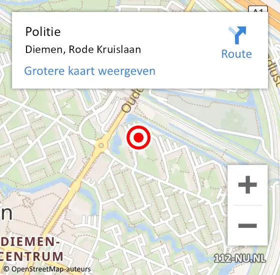 Locatie op kaart van de 112 melding: Politie Diemen, Rode Kruislaan op 10 april 2016 11:30