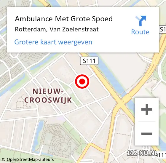Locatie op kaart van de 112 melding: Ambulance Met Grote Spoed Naar Rotterdam, Van Zoelenstraat op 10 april 2016 15:02