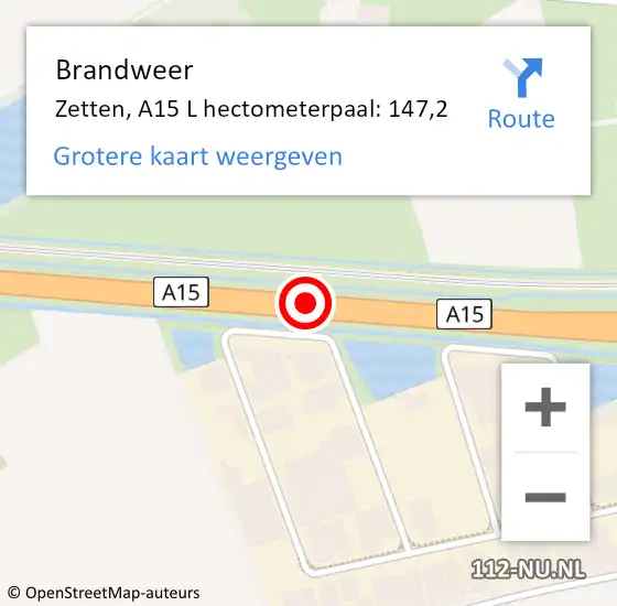 Locatie op kaart van de 112 melding: Brandweer Zetten, A15 L hectometerpaal: 147,2 op 11 april 2016 05:46