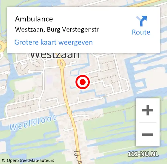 Locatie op kaart van de 112 melding: Ambulance Westzaan, Burg Verstegenstr op 11 april 2016 07:58